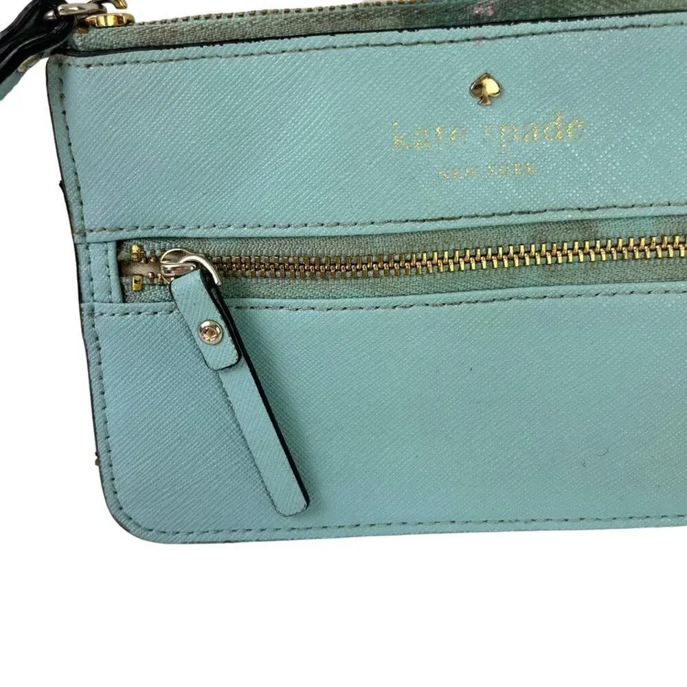 Kate Spade New York Aqua Blue Wristlet Coin Purse 100% Cow Hide Genuine Leather